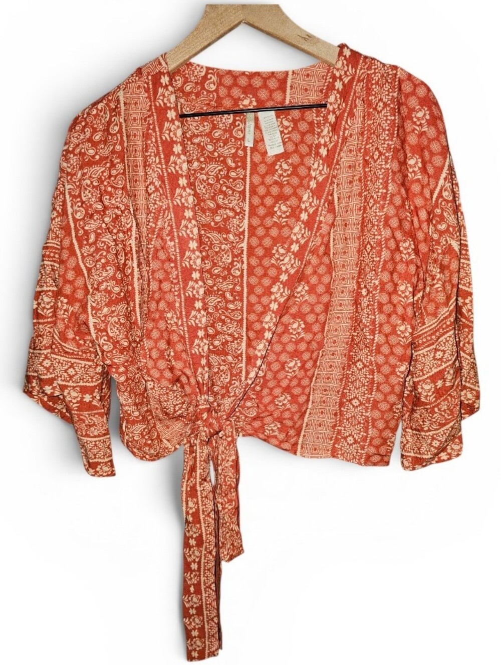 JAPNA Orange Paisley Boho Wrap Front Flutter Sleeve Flowy Top - Large